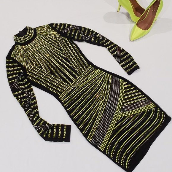 Black Dress with Neon Green Rhinestone Dress - Picture 4 of 4